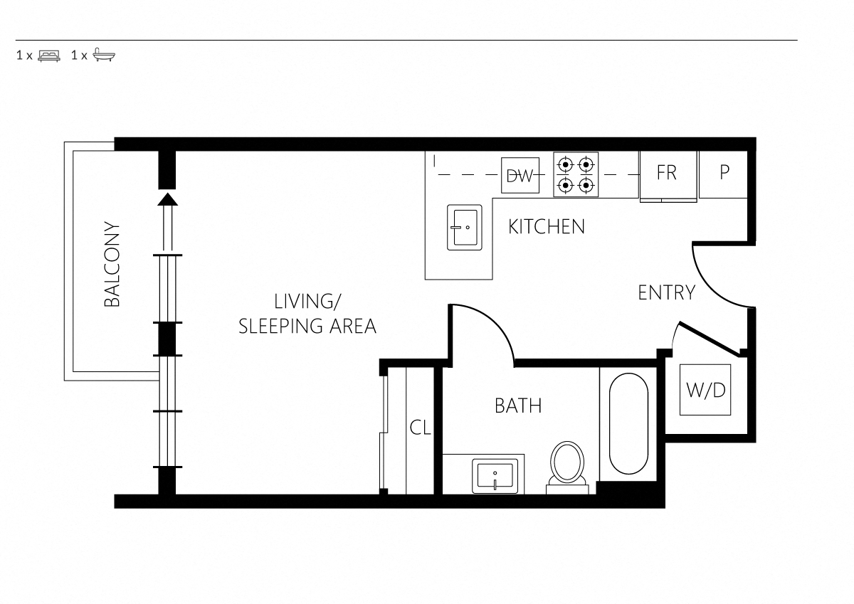 Floor plan for studio, 1 bath, 416 sqft